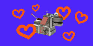 A smiling robot dog on a blue background  covered with handdrawn doodled red hearts