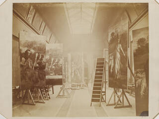 photograph of inside the Raphael gallery, with the Cartoons on easels before being hung