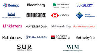 Logos for Baringa, Bloomberg, BNP Paribas, Burberry, Citadel, CultureShock, HSBC UK, LGT Wealth Management, Linklaters, Mayer Brown, Mishcon de Reya, Norton Rose Fulbright, Rathbones, Rothschild & Co, Societe Generale, Sothebys, SUR, W1M