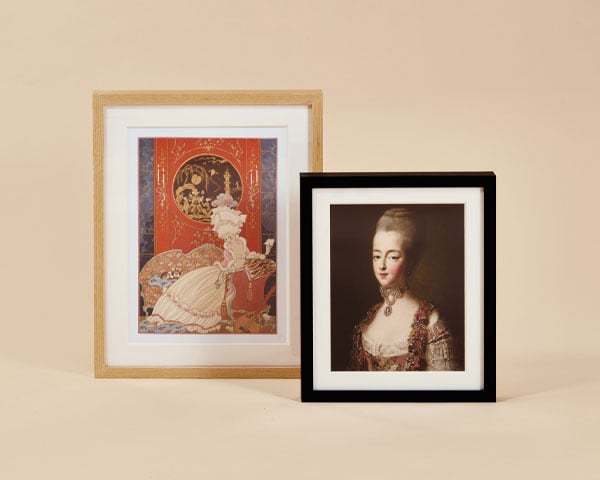 Custom prints featuring images found in the V&A Marie Antoinette Style exhibition, featuring George Barbier illustrations, court paintings, and more.